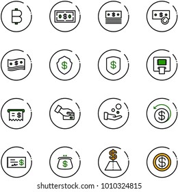 line vector icon set - bitcoin vector, dollar, cash, safe, atm, receipt, card pay, money back, check, purse