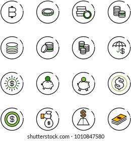 line vector icon set - bitcoin vector, coin, insurance, dollar sun, piggy bank, rich