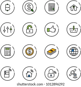 line vector icon set - bitcoin vector, money click, calculator, home, settings, unlocked, like, basket, dollar, globe, server wireless, lock, satellite
