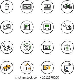 line vector icon set - bitcoin vector, dollar, cash, atm, card pay, money back, check, purse, finance management, identity
