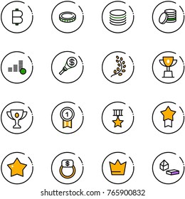 line vector icon set - bitcoin vector, coin, money torch, golden branch, win cup, gold, medal, star, finger ring, crown, constructor blocks