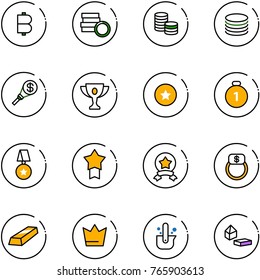 line vector icon set - bitcoin vector, coin, money torch, gold cup, star medal, finger ring, crown, casting of steel, constructor blocks