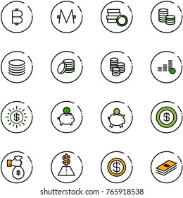 line vector icon set - bitcoin vector, monero, coin, dollar sun, piggy bank, rich