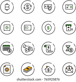 line vector icon set - bitcoin vector, dollar exchange, cash, tap pay, safe, atm, calendar, account history, certificate, home, mail