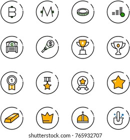 line vector icon set - bitcoin vector, monero, coin, money chest, torch, win cup, gold, medal, star, crown, casting of steel