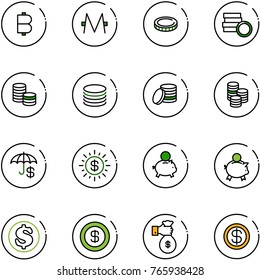 line vector icon set - bitcoin vector, monero, coin, insurance, dollar sun, piggy bank, rich