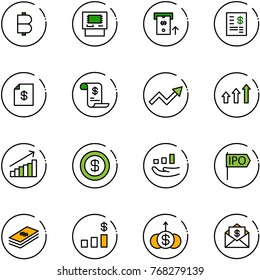 line vector icon set - bitcoin vector, atm, account statement, history, growth arrow, arrows up, dollar, ipo, chart, mail