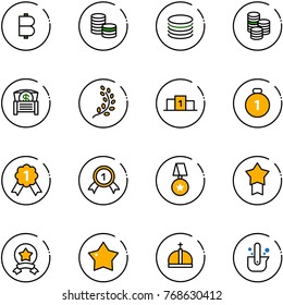 line vector icon set - bitcoin vector, coin, money chest, golden branch, pedestal, gold medal, star, crown, casting of steel