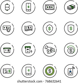line vector icon set - bitcoin vector, mobile payment, dollar, cash, safe, receipt, atm, pay, money back, check, identity card