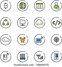 line vector icon set - bitcoin vector, globe, website, user login, social, network folder, refresh cloud, tag code, stars, notebook wi fi, antenna, server wireless, binary, fine signal