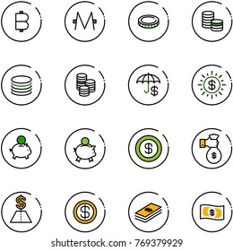 line vector icon set - bitcoin vector, monero, coin, insurance, dollar sun, piggy bank, rich, money