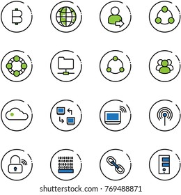 line vector icon set - bitcoin vector, globe, user login, social, friends, network folder, community, group, cloud, data exchange, notebook wi fi, antenna, wireless lock, binary code, link, server