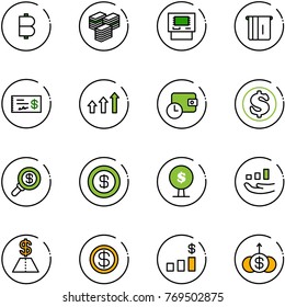 line vector icon set - bitcoin vector, big cash, atm, check, arrows up, wallet time, dollar, search money, tree, growth, chart