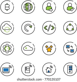 line vector icon set - bitcoin vector, globe, user login, check, refresh cloud, redo, tag code, community, gear, stars, data exchange, notebook wi fi, server wireless, home
