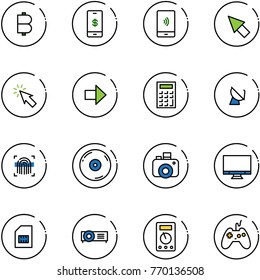 line vector icon set - bitcoin vector, mobile payment, cursor, right arrow, calculator, satellite antenna, fingerprint scanner, cd, camera, monitor, sim, projector, multimeter, joystick