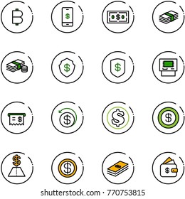 line vector icon set - bitcoin vector, mobile payment, dollar, cash, safe, atm, receipt, money back, finance management
