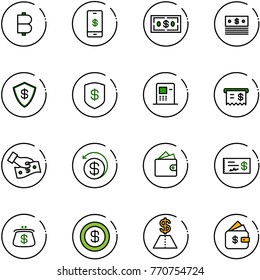 line vector icon set - bitcoin vector, mobile payment, dollar, safe, atm, receipt, cash pay, money back, wallet, check, purse, finance management