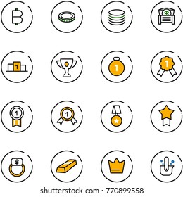 line vector icon set - bitcoin vector, coin, money chest, pedestal, gold cup, medal, star, finger ring, crown, casting of steel