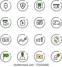 line vector icon set - bitcoin vector, safe, atm, receipt, account statement, statistics report, encashment car, check, growth arrow, arrows up, dollar, ipo, money, dialog
