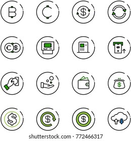 line vector icon set - bitcoin vector, cent, dollar exchange, euro, atm, cash pay, wallet, purse, reload, cloud data