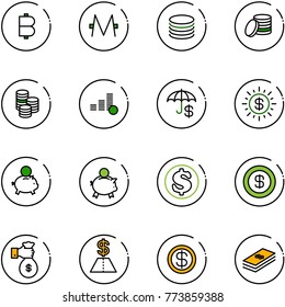 line vector icon set - bitcoin vector, monero, coin, insurance, dollar sun, piggy bank, rich