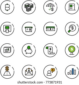 line vector icon set - bitcoin vector, big cash, insurance, atm, receipt, money search, statistics report, piggy bank, account history, tree, dollar, mail, dialog, chart