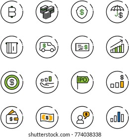 line vector icon set - bitcoin vector, big cash, safe, insurance, atm, encashment car, check, growth, dollar, ipo, chart, finance management, money, dialog