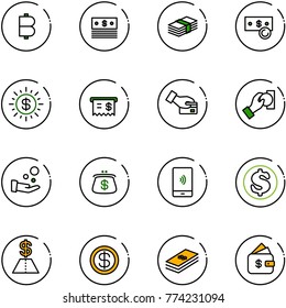 line vector icon set - bitcoin vector, dollar, cash, sun, receipt, card pay, purse, mobile payment, finance management