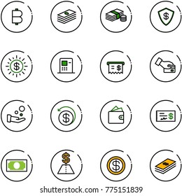 line vector icon set - bitcoin vector, dollar, cash, safe, sun, atm, receipt, card pay, money back, wallet, check