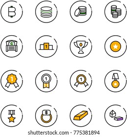 line vector icon set - bitcoin vector, coin, money chest, pedestal, gold cup, star medal, finger ring, constructor blocks