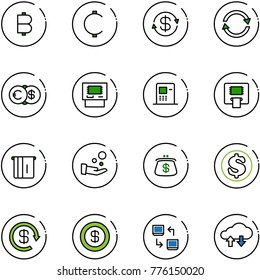 line vector icon set - bitcoin vector, cent, dollar exchange, euro, atm, cash pay, purse, reload, data, cloud