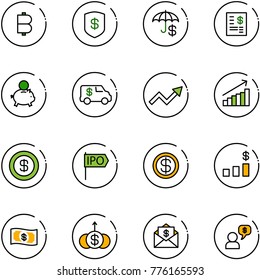 line vector icon set - bitcoin vector, safe, insurance, account statement, piggy bank, encashment car, growth arrow, dollar, ipo, chart, money, mail, dialog