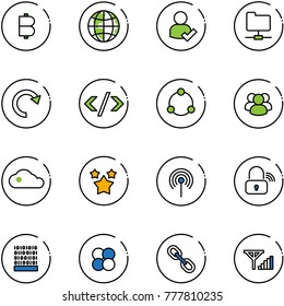 line vector icon set - bitcoin vector, globe, user check, network folder, redo, tag code, community, group, cloud, stars, antenna, wireless lock, binary, atom core, link, fine signal