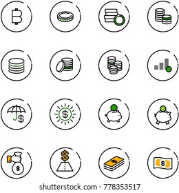 line vector icon set - bitcoin vector, coin, insurance, dollar sun, piggy bank, rich, money