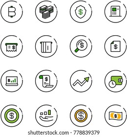 line vector icon set - bitcoin vector, big cash, safe, atm, receipt, money search, account statement, statistics, history, growth arrow, wallet time, dollar