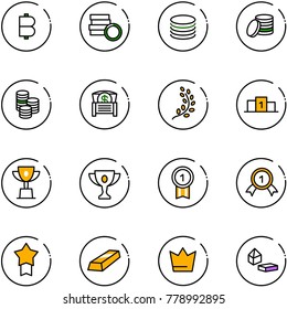 line vector icon set - bitcoin vector, coin, money chest, golden branch, pedestal, win cup, gold, medal, star, crown, constructor blocks