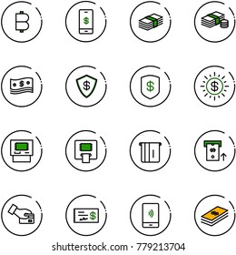 line vector icon set - bitcoin vector, mobile payment, dollar, cash, safe, sun, atm, card pay, check