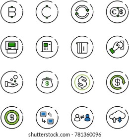 line vector icon set - bitcoin vector, cent, exchange, euro dollar, atm, cash pay, purse, reload, data, information, cloud