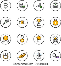 line vector icon set - bitcoin vector, coin, money chest, torch, pedestal, win cup, gold medal, star, finger ring, casting of steel, constructor blocks