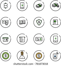 line vector icon set - bitcoin vector, mobile payment, dollar, cash, safe, atm, receipt, check, identity card