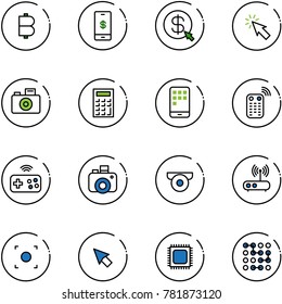 line vector icon set - bitcoin vector, mobile payment, money click, cursor, camera, calculator, remote control, joystick wireless, surveillance, wi fi router, record button, cpu, circuit