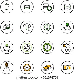 line vector icon set - bitcoin vector, coin, insurance, dollar sun, piggy bank, rich, money