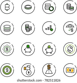 line vector icon set - bitcoin vector, coin, insurance, dollar sun, piggy bank, rich, money