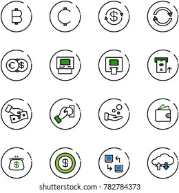 line vector icon set - bitcoin vector, cent, dollar exchange, euro, atm, cash pay, wallet, purse, data, cloud