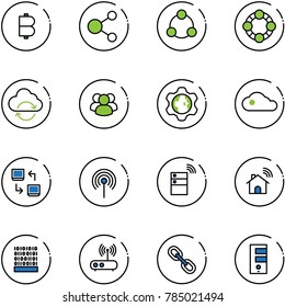 line vector icon set - bitcoin vector, share, social, friends, refresh cloud, group, gear globe, data exchange, antenna, server wireless, home, binary code, wi fi router, link