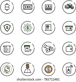 line vector icon set - bitcoin vector, dollar, cash, safe, sun, atm, receipt, pay, wallet, identity card