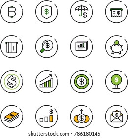 line vector icon set - bitcoin vector, safe, insurance, receipt, atm, money search, statistics report, piggy bank, dollar, growth, tree, chart, mail