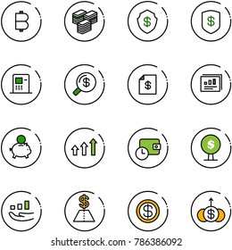 line vector icon set - bitcoin vector, big cash, safe, atm, money search, account statement, statistics report, piggy bank, arrows up, wallet time, tree, growth, dollar