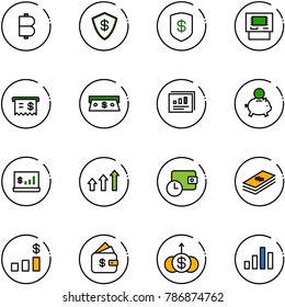 line vector icon set - bitcoin vector, safe, atm, receipt, cash, statistics report, piggy bank, account, arrows up, wallet time, dollar, chart, finance management, growth