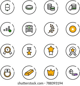 line vector icon set - bitcoin vector, coin, money chest, golden branch, star medal, gold, finger ring, crown, constructor blocks